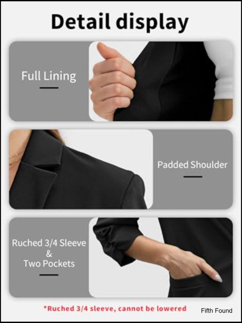 Slim Fit Blazer with Padded Shoulders Ruched 3/4 Sleeves Business Casual - Picture 5 of 7
